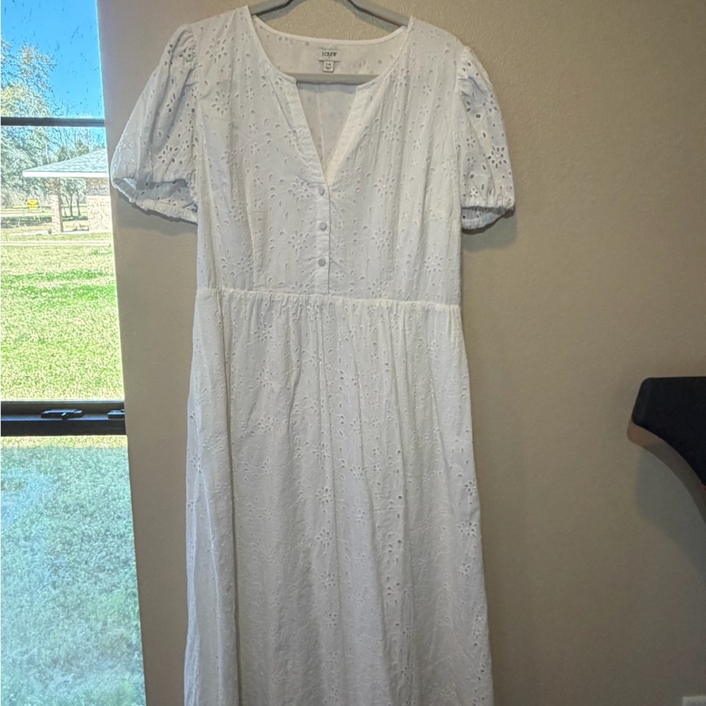 Jcrew Eyelet lace Midi Dress sz 14 Cottage core Bridal White Easter Spring Tea